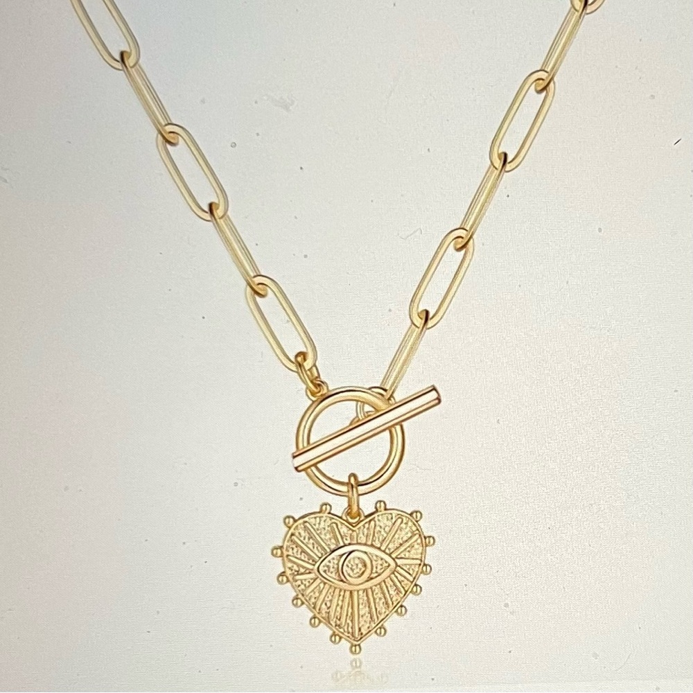Paper Clip Front Closure Chain With Evil Eye Charm NWOT